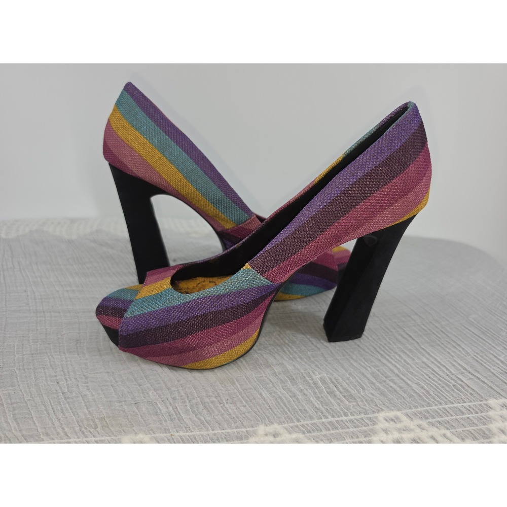 FRH Womens Rainbow Striped Peep Toe Platform Block Heels Multi Color Size 7.5